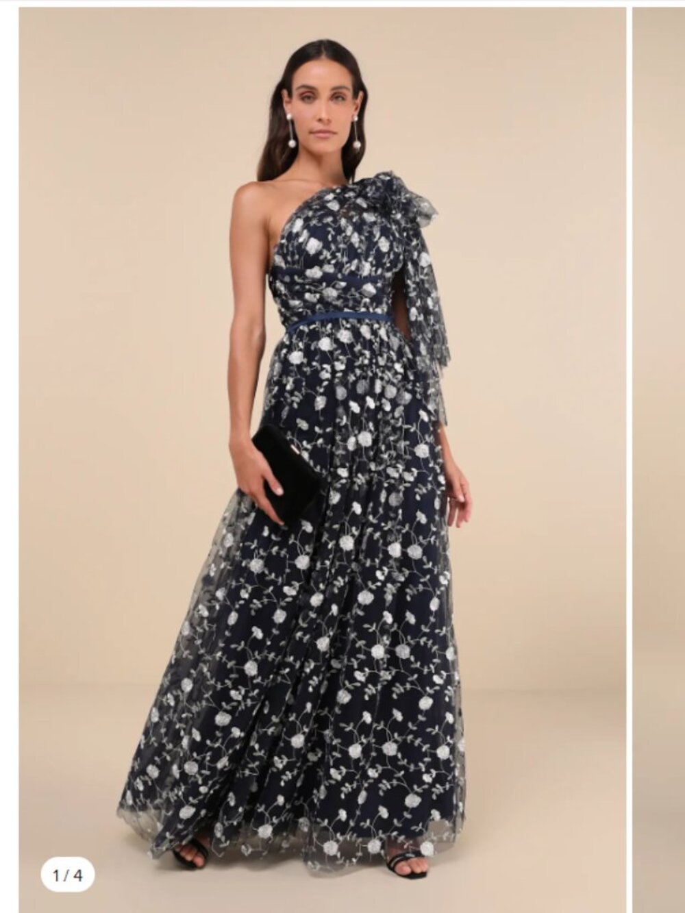 NWT Lulu's Whimsical Allure Navy Mesh Embroidered One-Shoulder Maxi Dress Sz XS